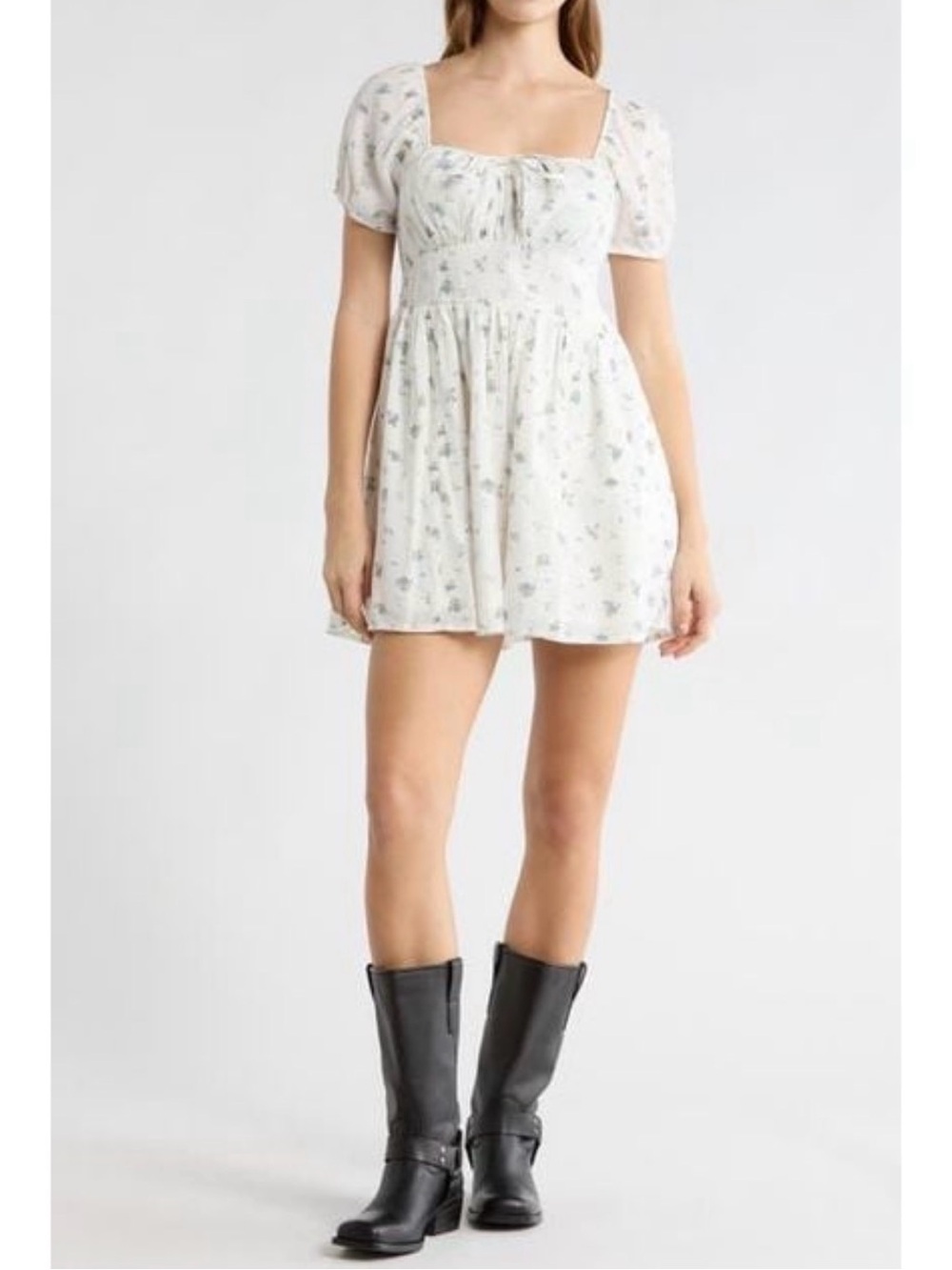 Abound Puff Sleeve Tie Front Minidress White Blue Floral Size Small